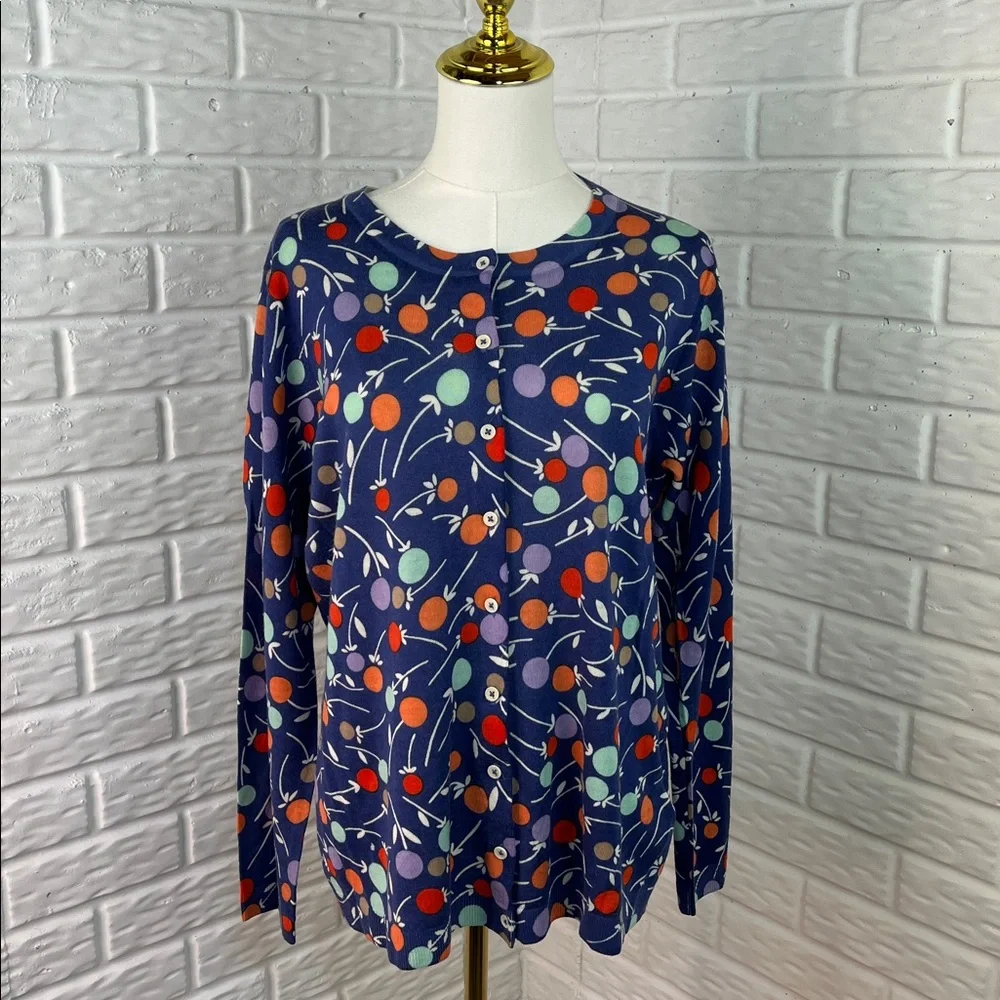 BODEN CARDIGAN 100% WOOL BUTTON DOWN LIGHTWEIGHT BLUE FLORAL DOTS SZ 14
